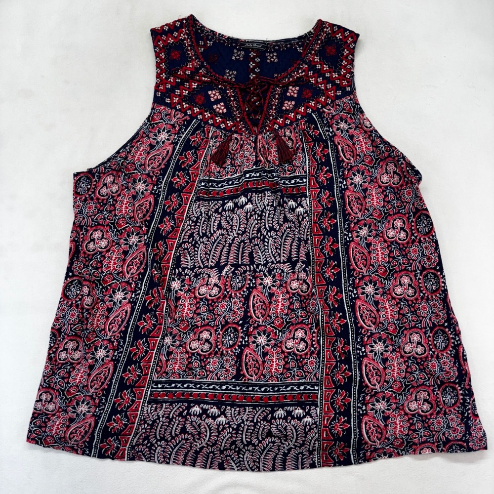 Lucky Brand Tank Top Bundle Women 2X White Navy Boho Embroidered Paisley Tassels - Picture 4 of 11